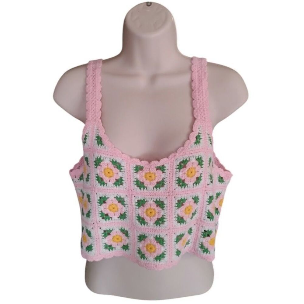 Altar'd State Pink Daisy Granny Square Crochet Crop Oversized Small Cottagecore